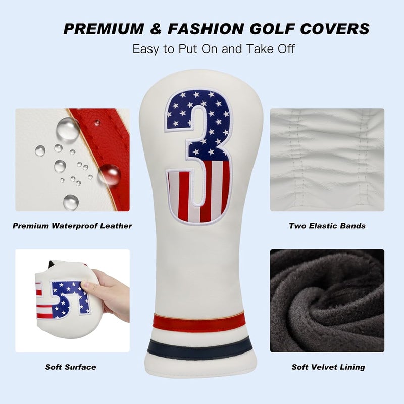 PONADA Golf Head Covers, 4pcs or 1pc USA Stars and Stripes Golf Club Covers for Woods and Driver Fairway Hybrid, PU Leather Golf Club Head Covers for Men Women with Interchangeable Tags, Fits Most Golf Clubs - Image 2
